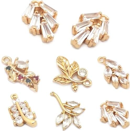 38552)6PCS 9x12.5MM 24K Champagne Gold Color Brass and Zircon Tree Leaf Leaves Charms Pendants Jewelry Making Supplies Findings