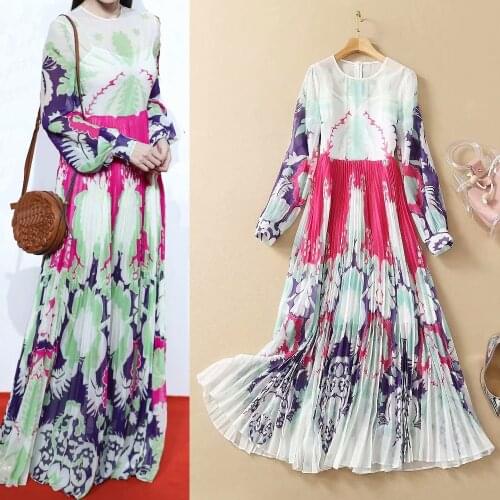 Fashion Women Pleated Long Dresses Full Sleeves Printed Good Quality Lady Party Dress Robe Style Vestido Clothes