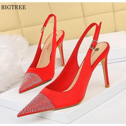 Women Crystal Pointed Sexy Slingback Sandals Green Red Silk Shallow Summer Shoes Back Strap High Heels Wedding Dress Pumps Woman