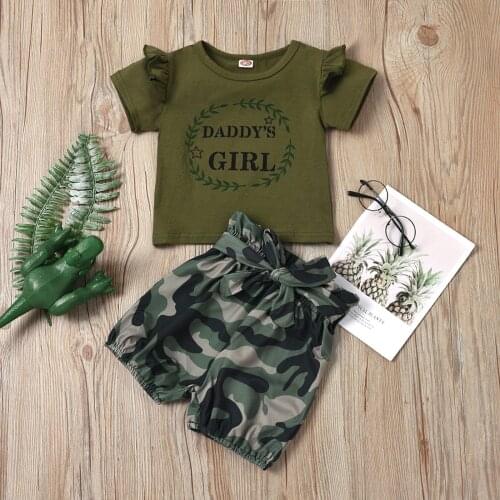 Newborn Baby Girl Clothes Short Sleeve Letter Print T-shirt Tops+Bow Camouflage Shorts 2Pcs Outifts Set 12 18 24Months 3Years