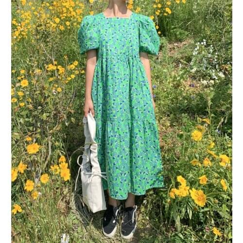 Ins Korean Style Chic Fashionable Print Floral Fresh Sweet Girl Pleated Comfort Loose Maxi Dress Hot Summer Dress for Women