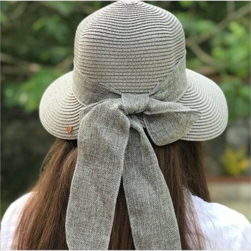 2021 Summer Women Big Bow Sun Gray Bow Hat Style Vintage Design Wide Side Straw Hat Solid Color Anti-UV Holiday Beach Hat