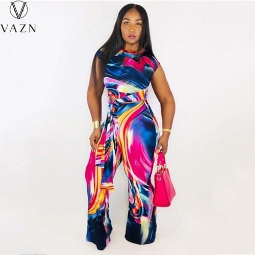 VAZN 2021 Spcial Sleeveless Striped Print High Waist Bandage Womens Clothing 2PCs Set Beach Ladies Women Suits