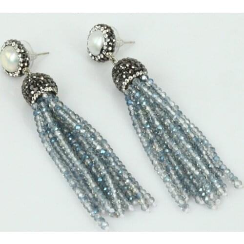 Handmade jewelry Charms bohemian freshwater pearl transparent light blue glass bead tassel drop long dangle earring for women