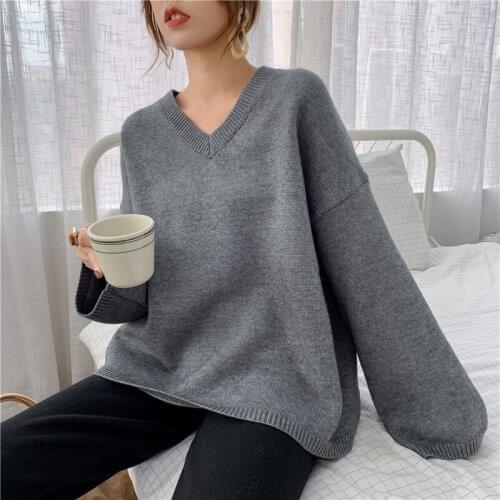 [ZAYAU]Lazy Wind Loose Sleeved Long Sweater womens Pullover V-neck Net Red Knitted Bottomed Top Autumn Suit Versatile Youth