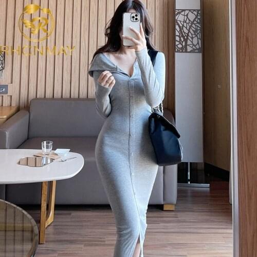 New 2021 Fashion Fall Winter Woman Hooded Neck Long Sleeve Single Breasted Pencil Dress Pullover Slim High Waist Knitting Dress