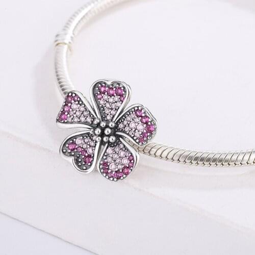 925 Sterling Silver Pink Crystals Flower Plum Blossom Charms Fit Original Bracelet&Necklace Jewelry Accessories For Pandora
