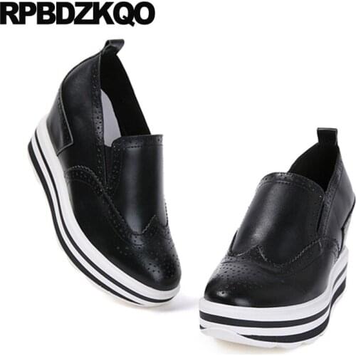 Round toe brogue 2019 white high heels hidden slip on wedge quality genuine leather shoes women platform size 4 34 pumps black