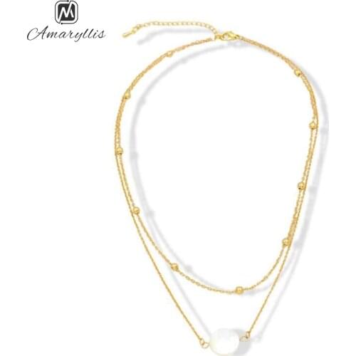 Amaiyllis Simple Metal Ball Chain Layer Choker Necklace For Women Natural Shell Charms Choker Collar Chic Clavicle Chain Collier