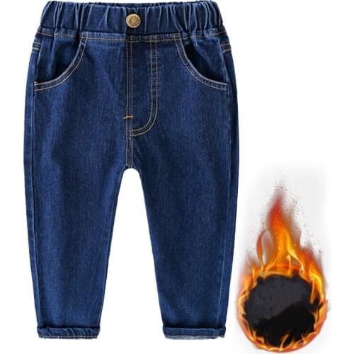 Childrens jeans autumn and winter boys new style plus velvet thickened jeans boys one-piece velvet cotton pants warm pants