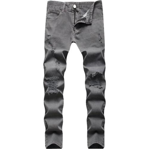 Fashion Mens Jeans Gray Holes Washed Jeans Teenagers Straight Jeans 90s Boyfriend Jeans Four Seasons Denim Casual Pants