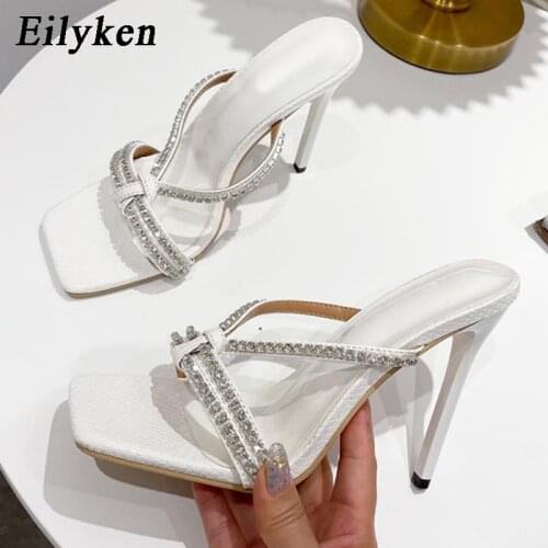 Eilyken 2021 New Summer White Crystal Slippers Sandals Women Square Toe Stiletto High Heels Sexy Fetish Stripper Shoes Female