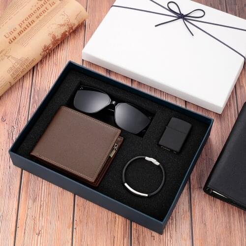 Customized Men’s Gift Box PU Leather Wallet Sunglasses Lighter Men’s Bracelet Four-Piece Gift Box The Best Gift for Boyfriend