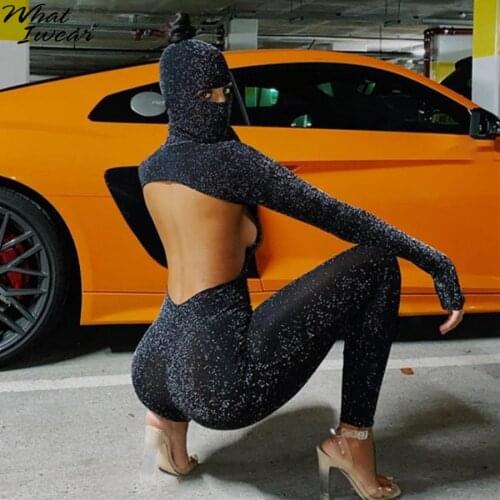 Backless Shiny Long Sleeve Stretchy Jumpsuit With Mask Women Streetwear Skinny Rompers Workout Long Bodysuit Sportwear Outfit