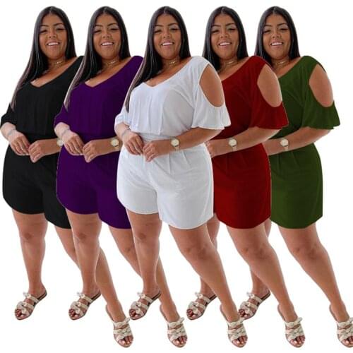 Plus Size Women Solid V-neck Casual Jumpsuits Soft Home Wear Hollow Out Short Sleeve High Waist Loose Short Rompers 2021 Spring