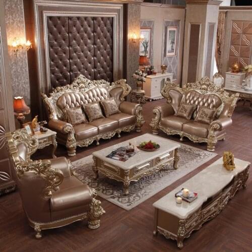 European-style Leather Sofa Combination Solid Wood Carved Hotel Villa High-end Sofa Champagne Color Living Room Sofa
