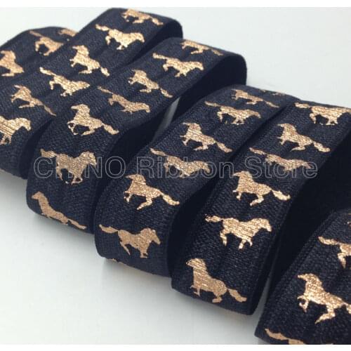 10 Yards Hot Sale 5/8" Rose Gold Foil Horse Print Fold Over Elastic Black FOE Hair Tie Ribbon for DIY Head wear Hair Accessories