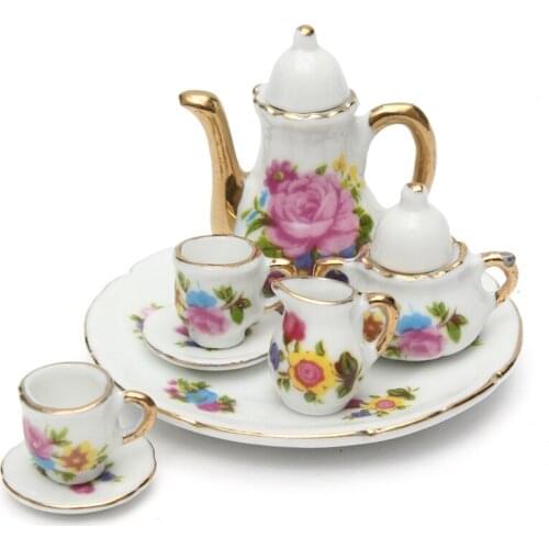 1:8 Doll House Miniature Dining Ware Porcelain Tea Set Dish Cup Plate Small Flower Style Children Gift 8pcs