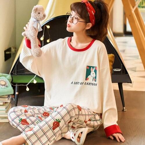 New Pyjamas 2021 Autumn Cotton Sleepwear Cartoon Home Clothes For Women Long Pants Pajama Set Nightwear Mujer Girls Lounge Wear