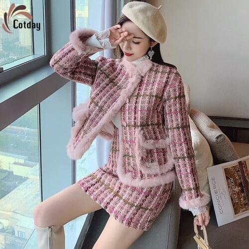Cotday Single Breasted Autumn And Winter New Small Fragrance Pink Coat Suit Tweed Foreign Style Age Reduction Two Piece Set