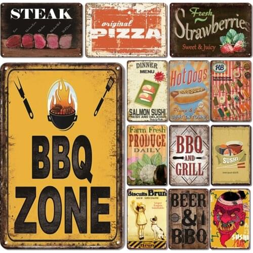 Personalized BBQ Zone Poster Plaque Tin Sign Vintage Kitchen Back Yard Bar Decor Metal Plate Retro Restaurant Wall Stickers Sign