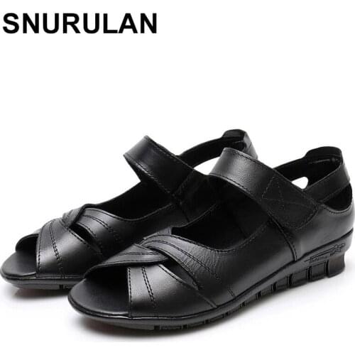 SNURULAN Genuine Leather Women Shoes Summer Flat Sandals Solid Female Wedges Sandal Mother Shoes Comfortable Womens Shoes