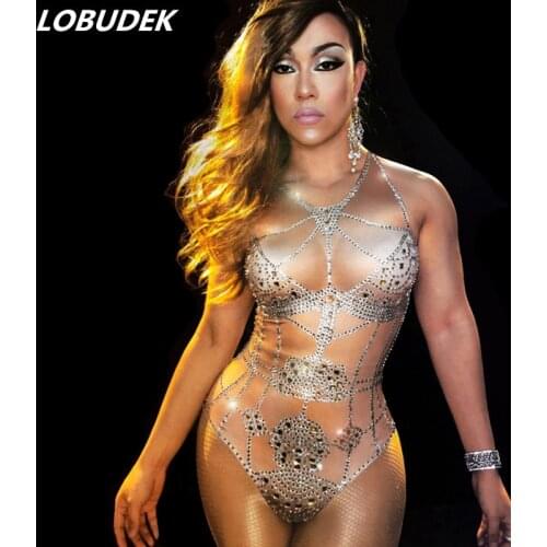 Nightclub Bar DJ DS female singer Stage costumes Sexy Sparkly Crystals Bodysuit Leotard Catsuit Dance Group performance Outfits