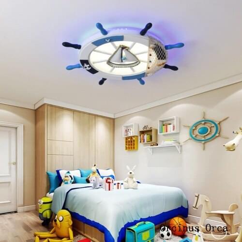 Mediterranean Blue Sailing Roof Lights Boys Bedroom Childrens Room Lights Cartoon Creative Ship Rudder Suction Roof Lights