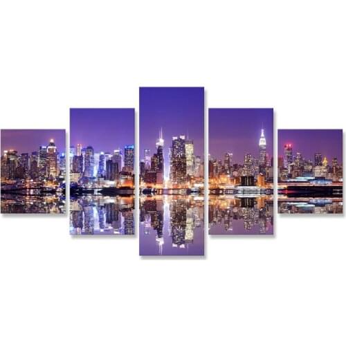 New York City Lights Manhattan Cityscape Modern Wall Art 5 Pcs Canvas Paintings for Living Room Wall