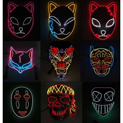 Japanese Cartoon Characters LED Mask Cosplay Anime Fox Horror Monster Scary Skull Luminous Mascara EL Wire Mask
