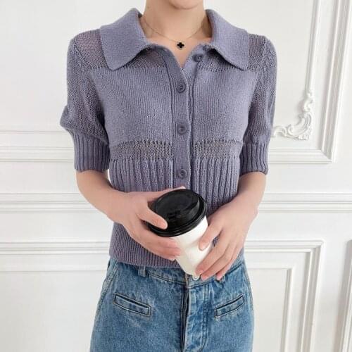Knitted Hollow Short-Sleeved T-Shirt Knit Sweater Lapel Single-Breasted Womens Cardigan Sweater New 2021