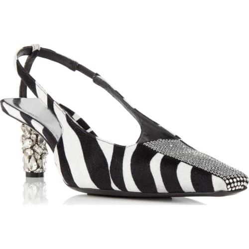 Sexy Zebra Stripe Crystal Drilled Summer Pumps Women Rhinestone Studs Kitten Heels Ankle Strap Square Toe Party Sandalias Shoes