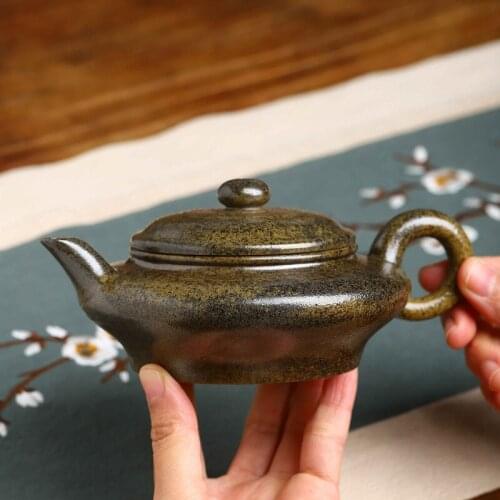 ★Yixing purple clay teapot factory direct sales] pure handmade wood fired flat teapot classic Teapot Tea Set