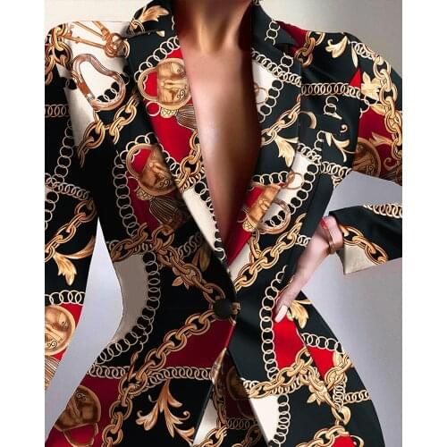 Women 2 Pieces Chain Print Blazer & Skinny Shorts Set 2021 Femme Scarf Button Coat Suits Set Office Lady Overalls Outfits Traf