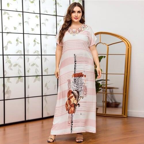 DOIB Digital Print Embordery Floral Dress Women Plus Size Short Sleeve V Neck Loose Casual Dubai Muslim Maxi Long Dress