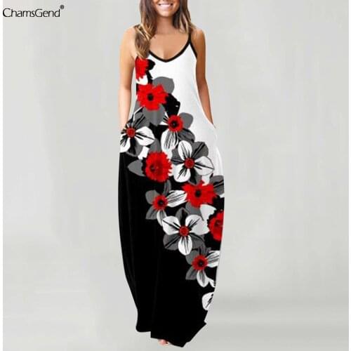 Black White Stitching Dress 2021 Women Casual Bohemia Long Dresses Summer Woman O-neck Flower Print Sleeveless Beach Maxi Dress
