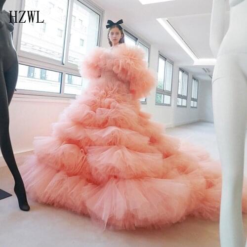 2020 New Fashion Coral Prom Dresses Party Gown Ruffles Tiered Tulle 2020 Formal Evening Dress Long vestidos de quinseanera 2020