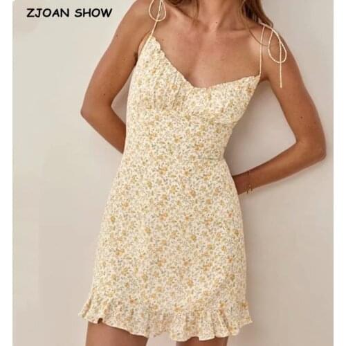 2021 Vintage Summer Wood ears V neck Floral Print Bandage Spaghetti Strap Short Dress Sexy Women Lacing Up Sling Holiday Dress