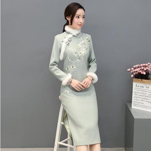 Winter Cheongsam Chinese Qipao Fashion Women dresss Embroidery Orient Vintage