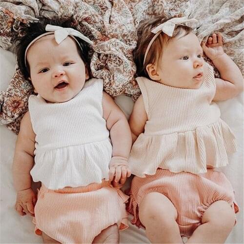 2Pcs Cute Cotton Toddler Baby Girls Summer Outfits Suit Solid Sleevelss Tops+Pleated Shorts Infant Kids Girls Clothes Set