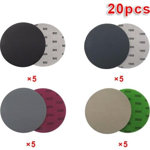 20Pc 5 Inch 125mm Wet Dry Sandpaper 800 /1500 /2000 /3000 Grit Sanding Dics Hook & Loop Sand paper For Wood Polishing