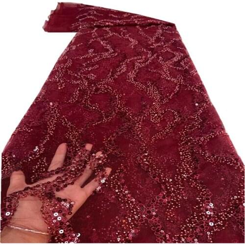 African Wine Organza Sequins Lace Fabric Hot Sale Nigerian Wedding Dress High Quality Organza French Net Mesh Lace ZX-250