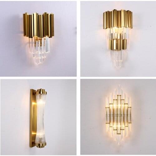 American European post modern golden metal crystal glass tube wall light lamp LED for villa hotel foyer living room wall sconce