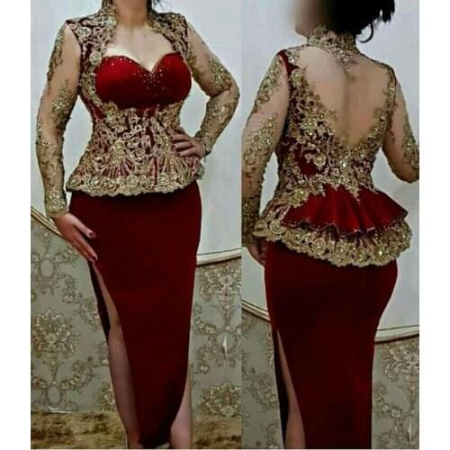 Arabic Dark Red Split Aso Ebi Evening Dresses Applique Party Gowns For Women Long Sleeve Prom Dress Robe de Soirée de Mariage