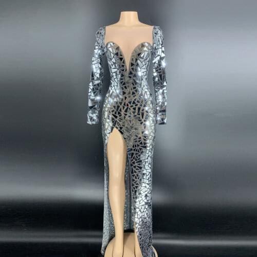 Sparkly Silver Mirror Transparent Long Dress Birthday Celebrate Outfit Prom Party Dress Bar Women Dance Dress
