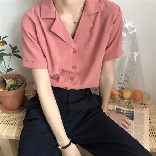 Blusas Solid 2021 Summer Tops Blouse Vintage V Neck Women Shirts Simple Fashion Short Sleeve Office Lady Shirt Tops 10166