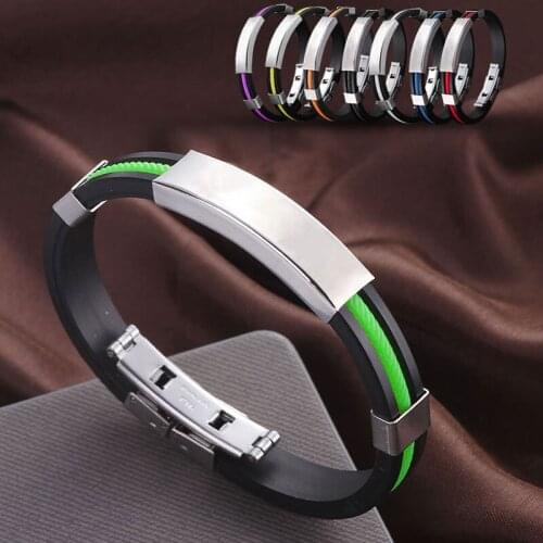 Fashion Men Women Bangle Bracelets Cool Stainless Steel Rubber Wristband Clasp Cuff Bracelet FS99