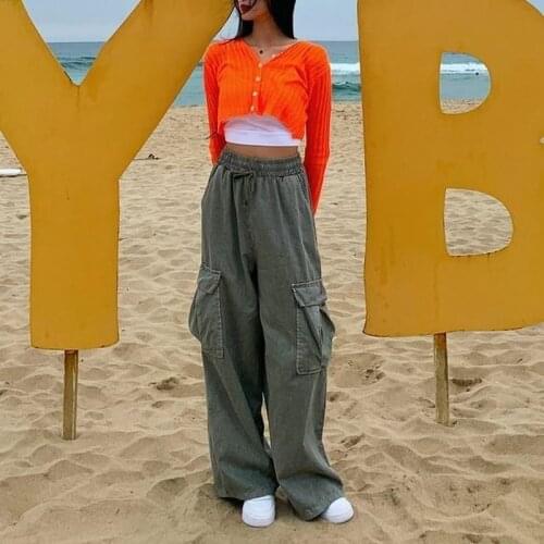 HOUZHOU Autumn Harajuku Chic Cargo Pants Women Vintage Casual Wide Leg High Waist Baggy Trousers Female Korean Cotton Pockets