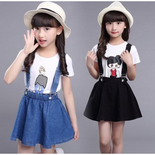 2010new Girl Kids Summer Clothing Set White Cartoon T-shirt+denim Bib Dress Skirts Fashion Girls Children Clothes Suits