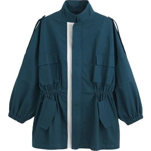 Womens straight solid color zipper pocket long windbreaker jacket loose long sleeve loose casual windbreaker women jacket